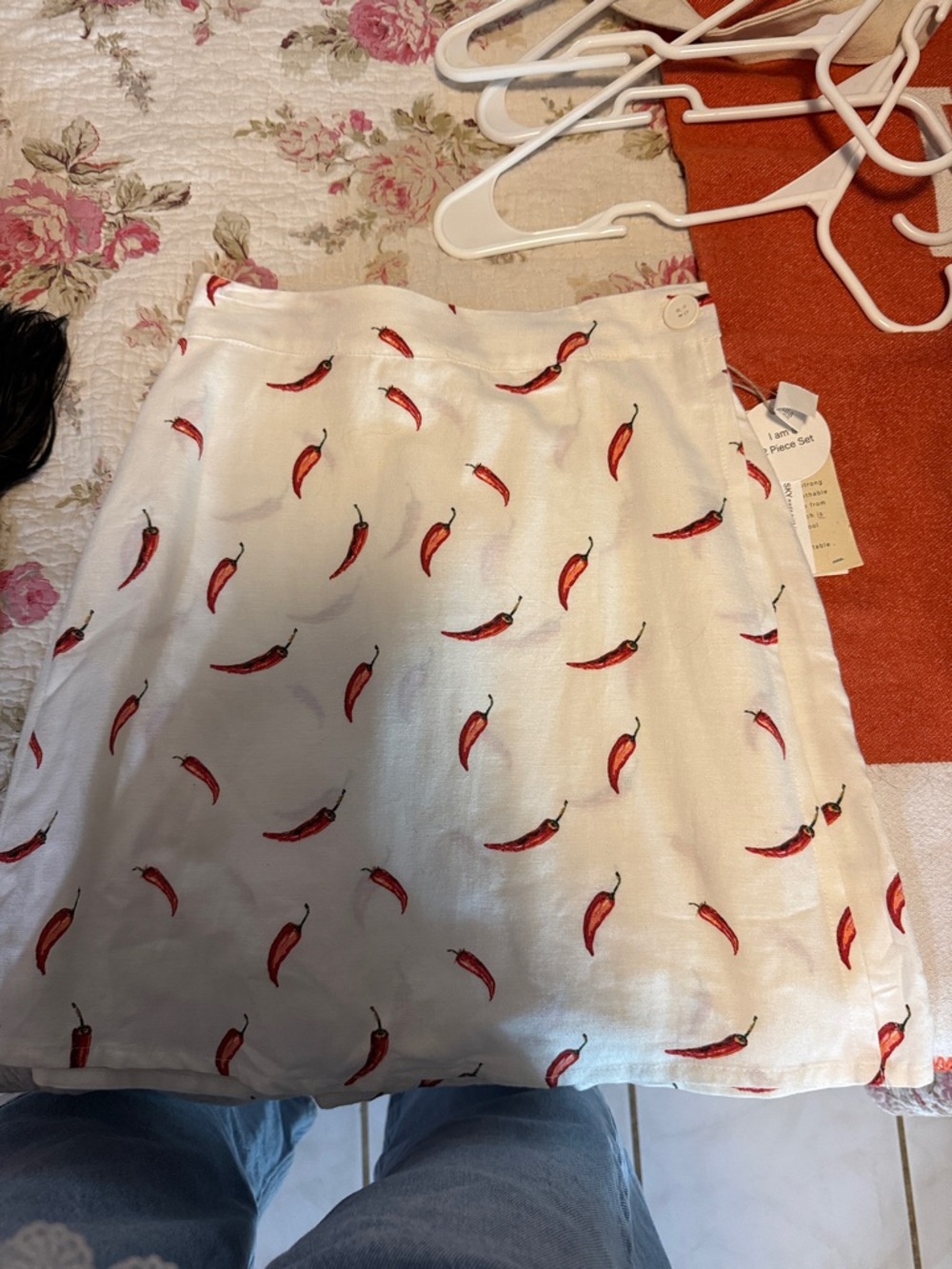 White Midi Skirt with Red Chili Pepper Print